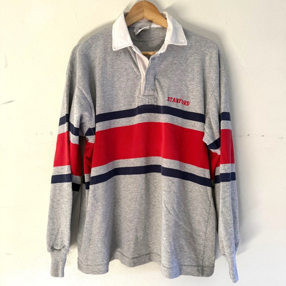 VTG 90s Barbarian Rugby Shirt Mens XL Gray Blue Red Striped Stanford‎ University